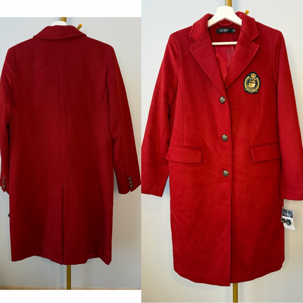 Lauren Ralph Lauren Red Wool Blend Crest Emblem Coat Womens Size 10 NWT $300